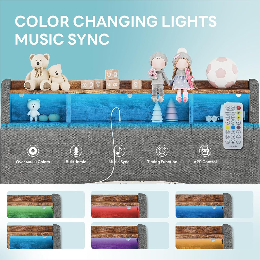LIKIMIO Twin Bed Frame with Charging Station & LED Lights, Grey