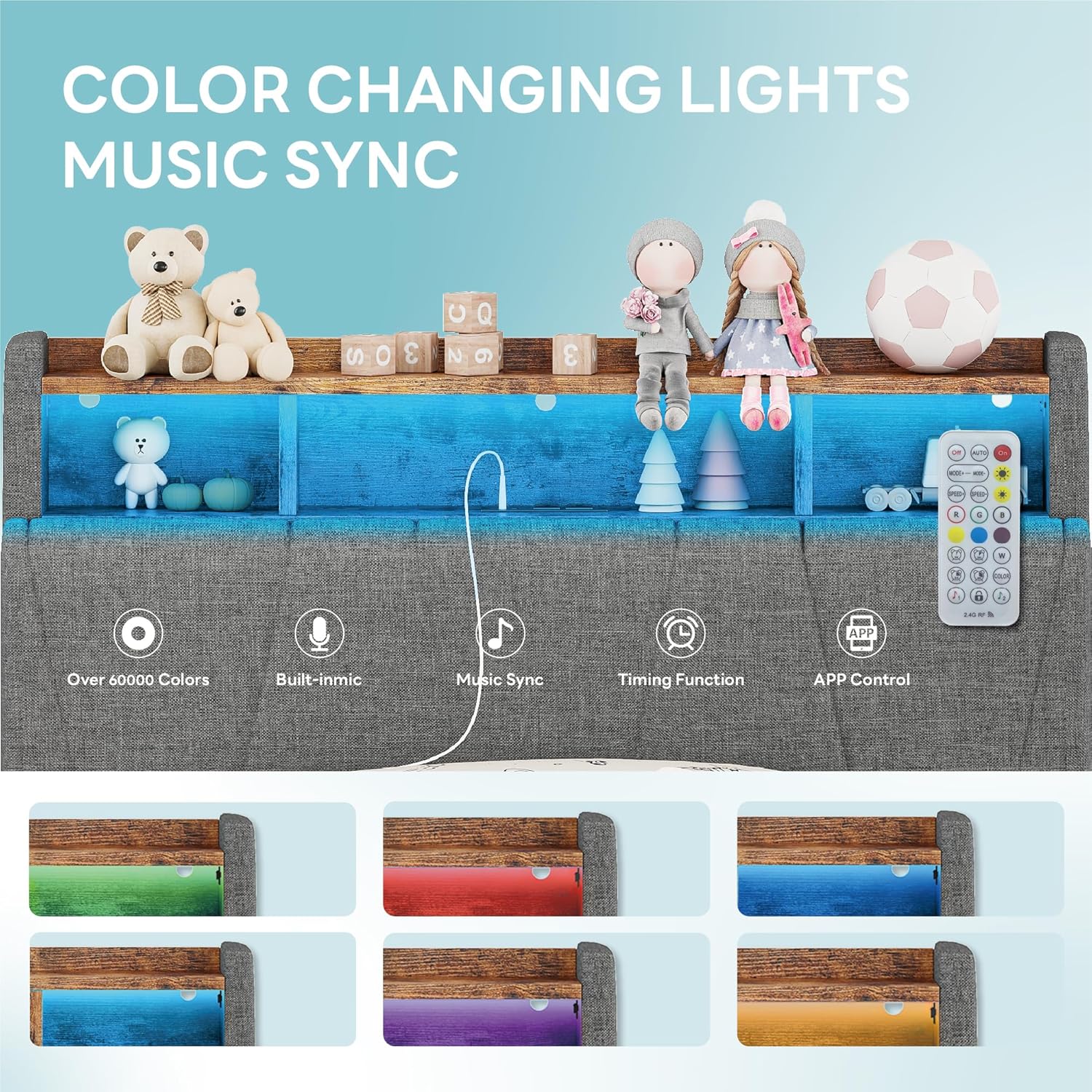 LIKIMIO Twin Bed Frame with Charging Station & LED Lights, Grey
