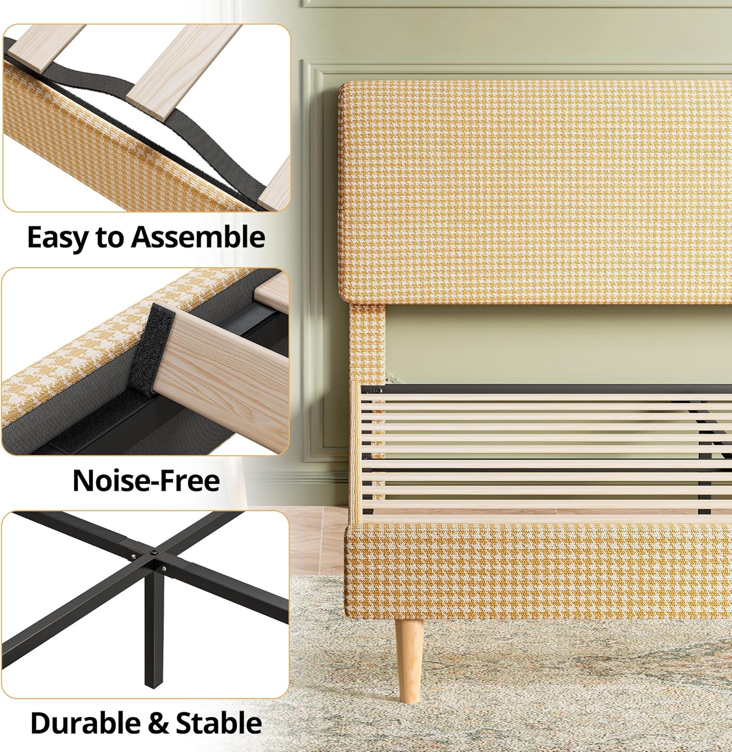 LIKIMIO Wooden Checkered Bed Frame & 100% Cotton Soft Mattress