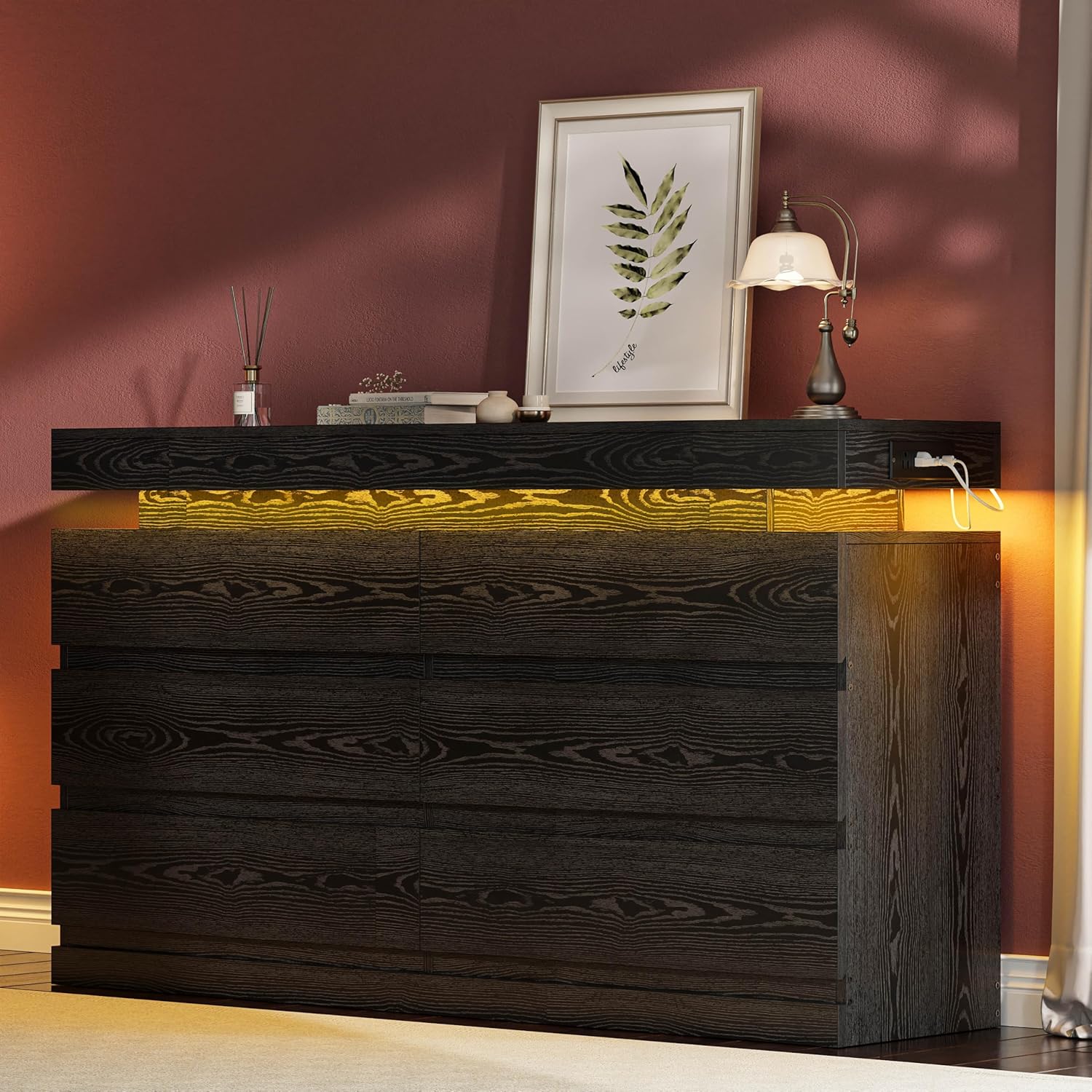 LIKIMIO Wooden LED 6-Drawers Dresser (59")