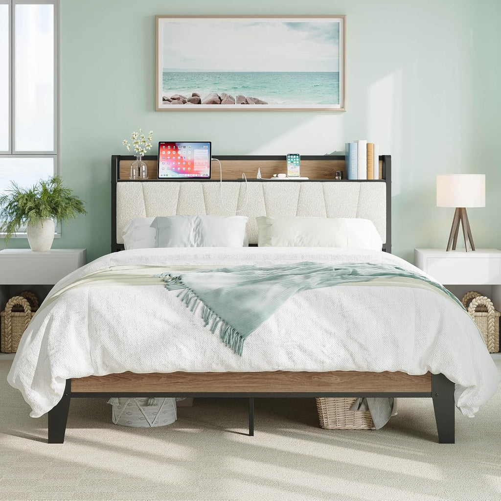 LIKIMIO King Bed Frames, with Charging Station, Wood and Cream