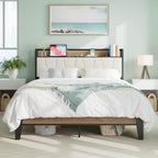 LIKIMIO King Bed Frames, with Charging Station, Wood and Cream