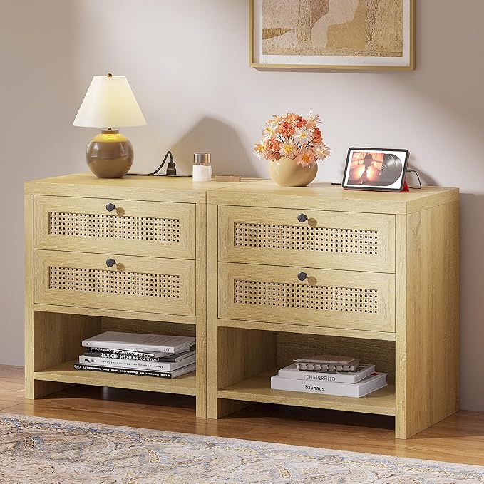 LIKIMIO Rattan Charging Nightstand Set