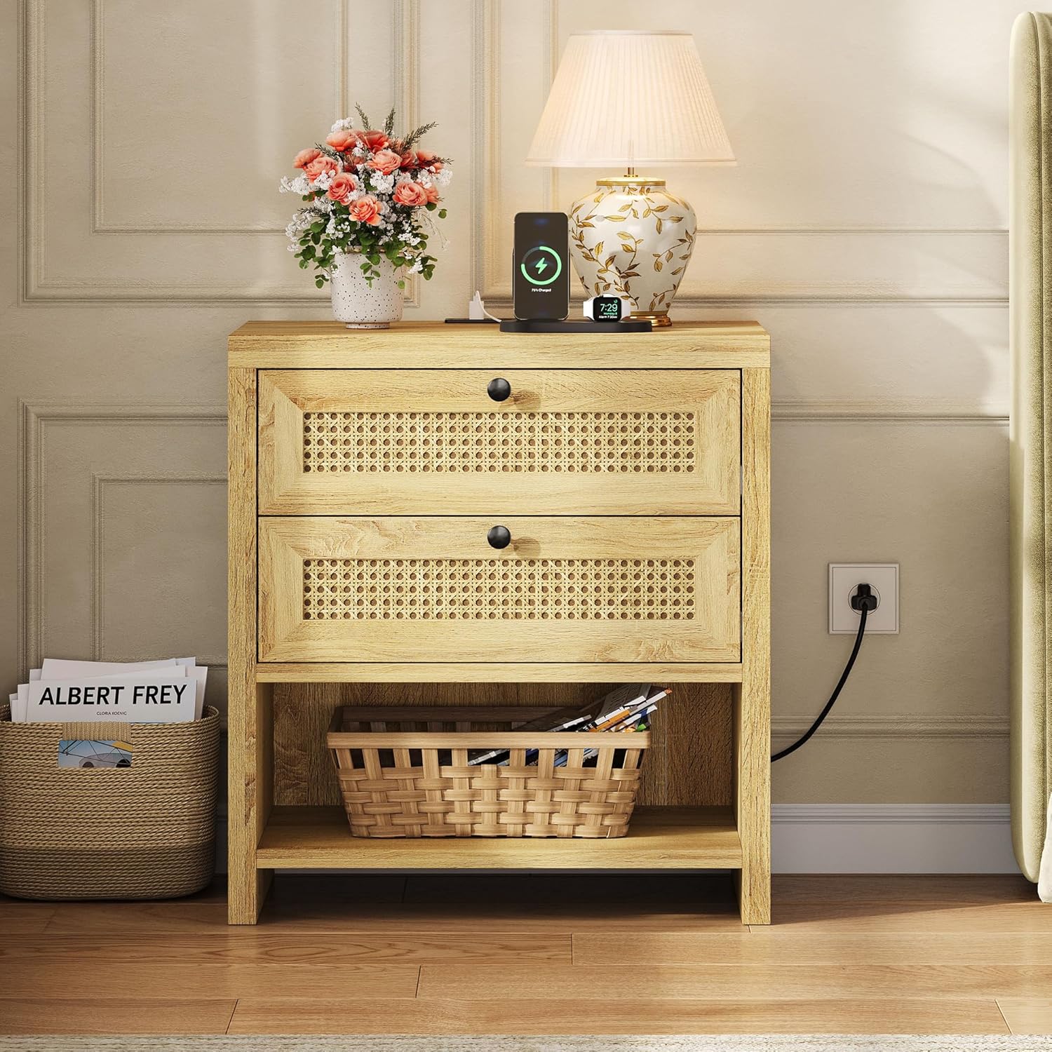 LIKIMIO Rattan Charging Nightstand