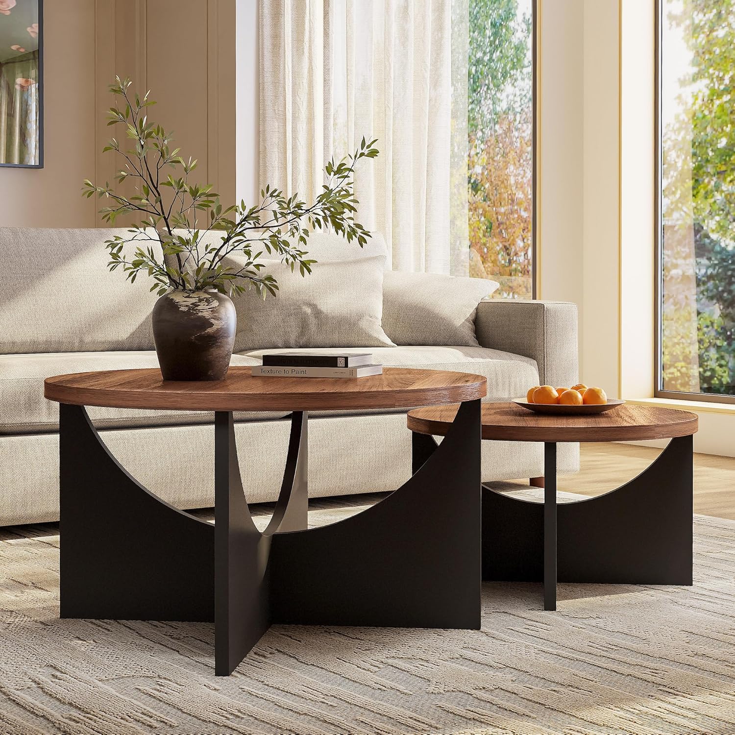 LIKIMIO 31.5" Nesting Round Side Coffee Tables Set of 2,  Walnut