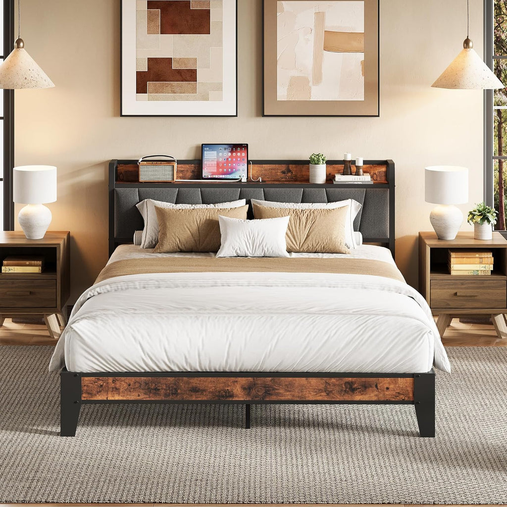 LIKIMIO Full Bed Frame, Storage Headboard with Charging Station