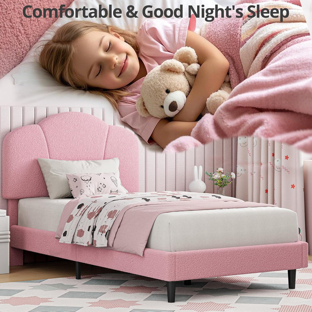 LIKIMIO Upholstered Twin Beds with Lamb Velvet 800LBS Sturdy, Pink
