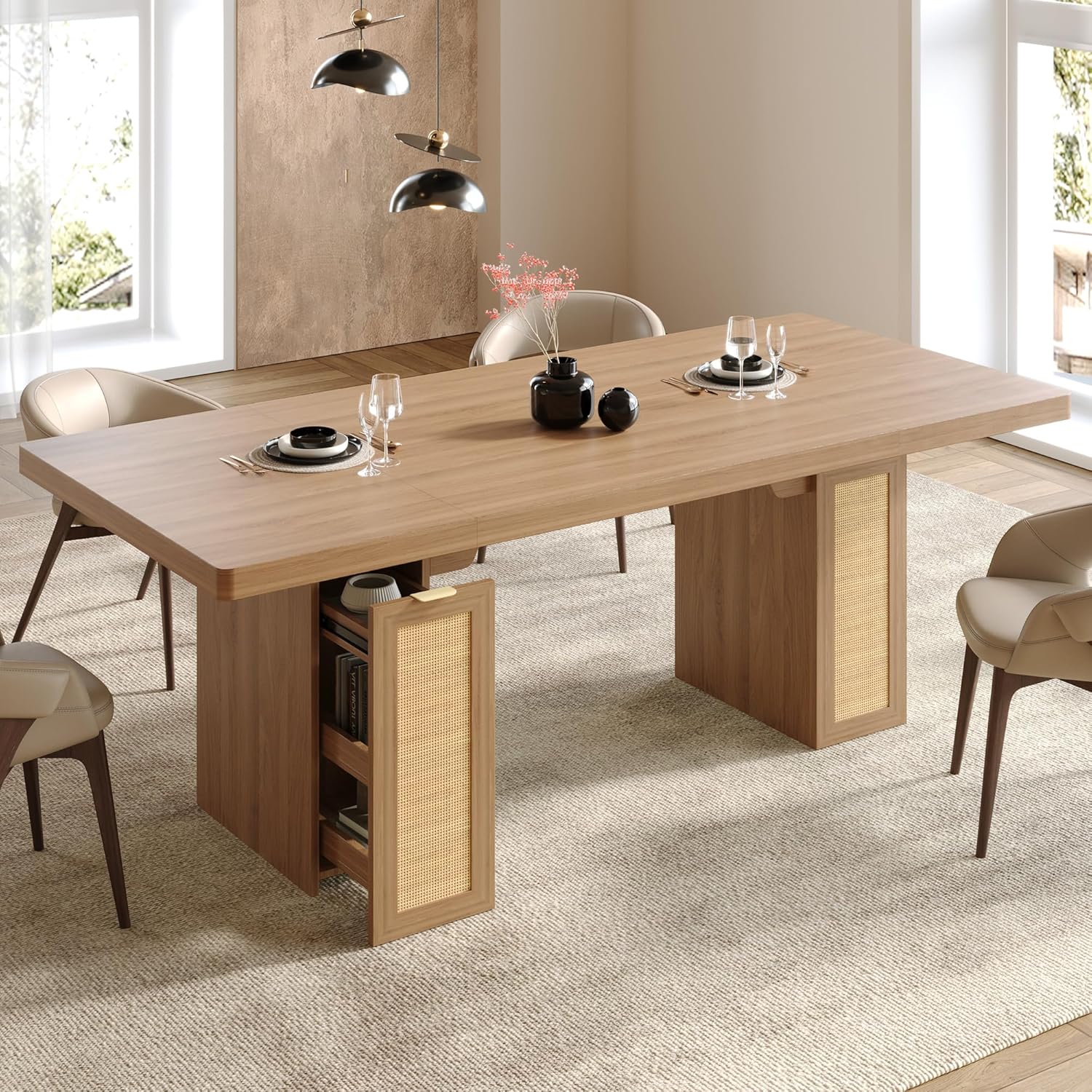 LIKIMIO Modern Woven Rattan Dining Table（78.7”）