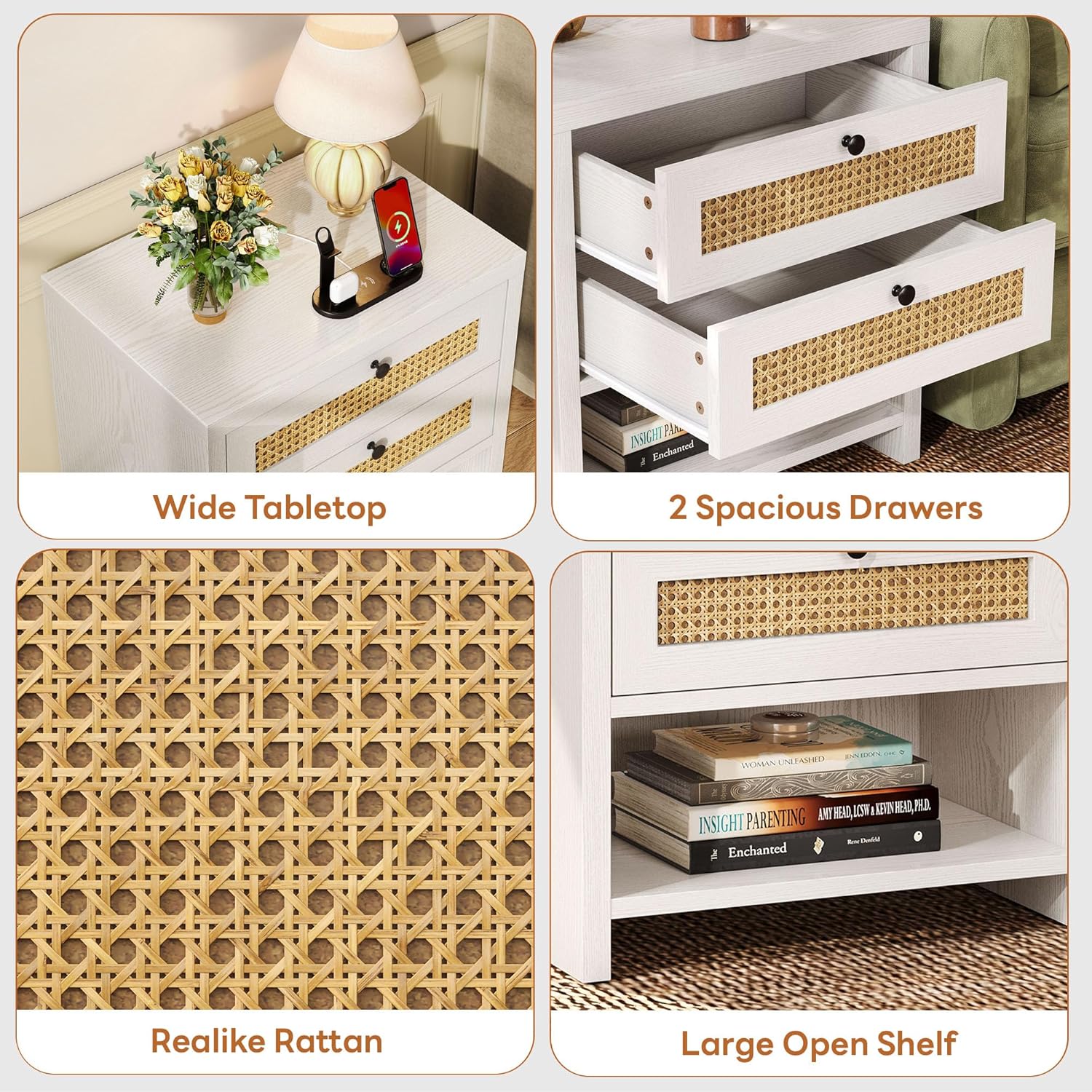 LIKIMIO Rattan Charging Nightstand