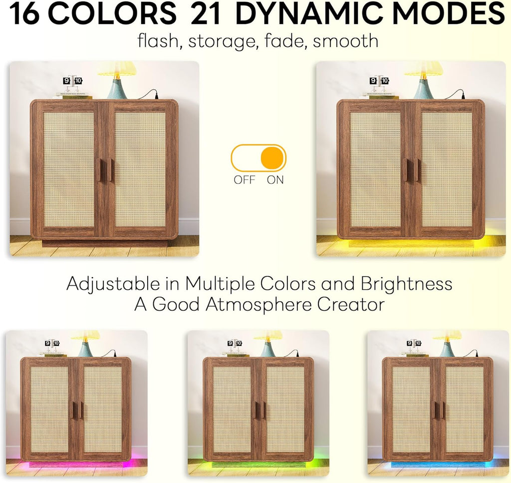 LIKIMIO Rattan Cabinet with LED Lights & Power Outlet, Vintage Brown