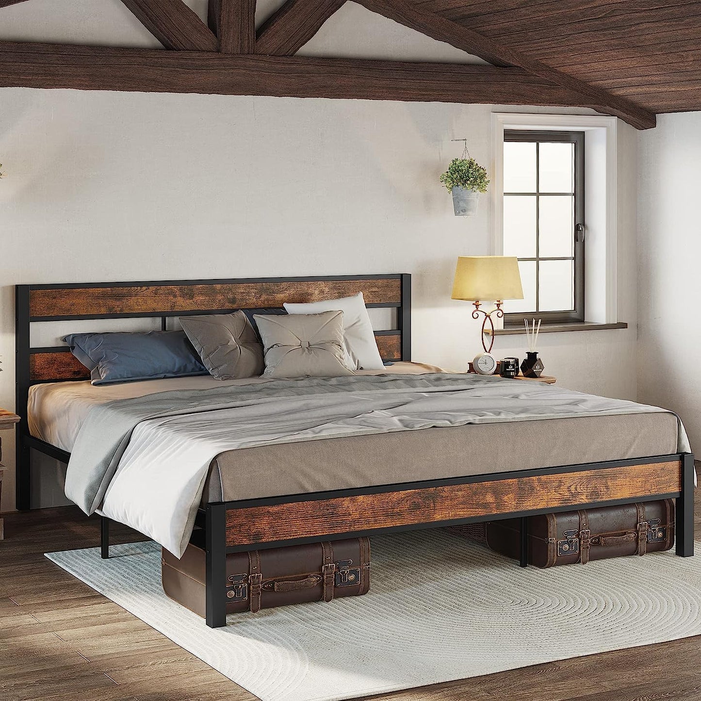 Noise Free King Size Bed Frame with Headboard Vintage Brown