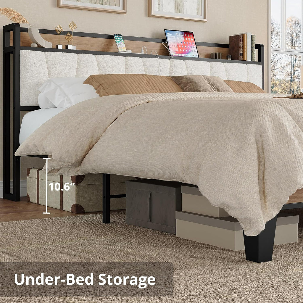 LIKIMIO King Bed Frames, with Charging Station, Wood and Cream