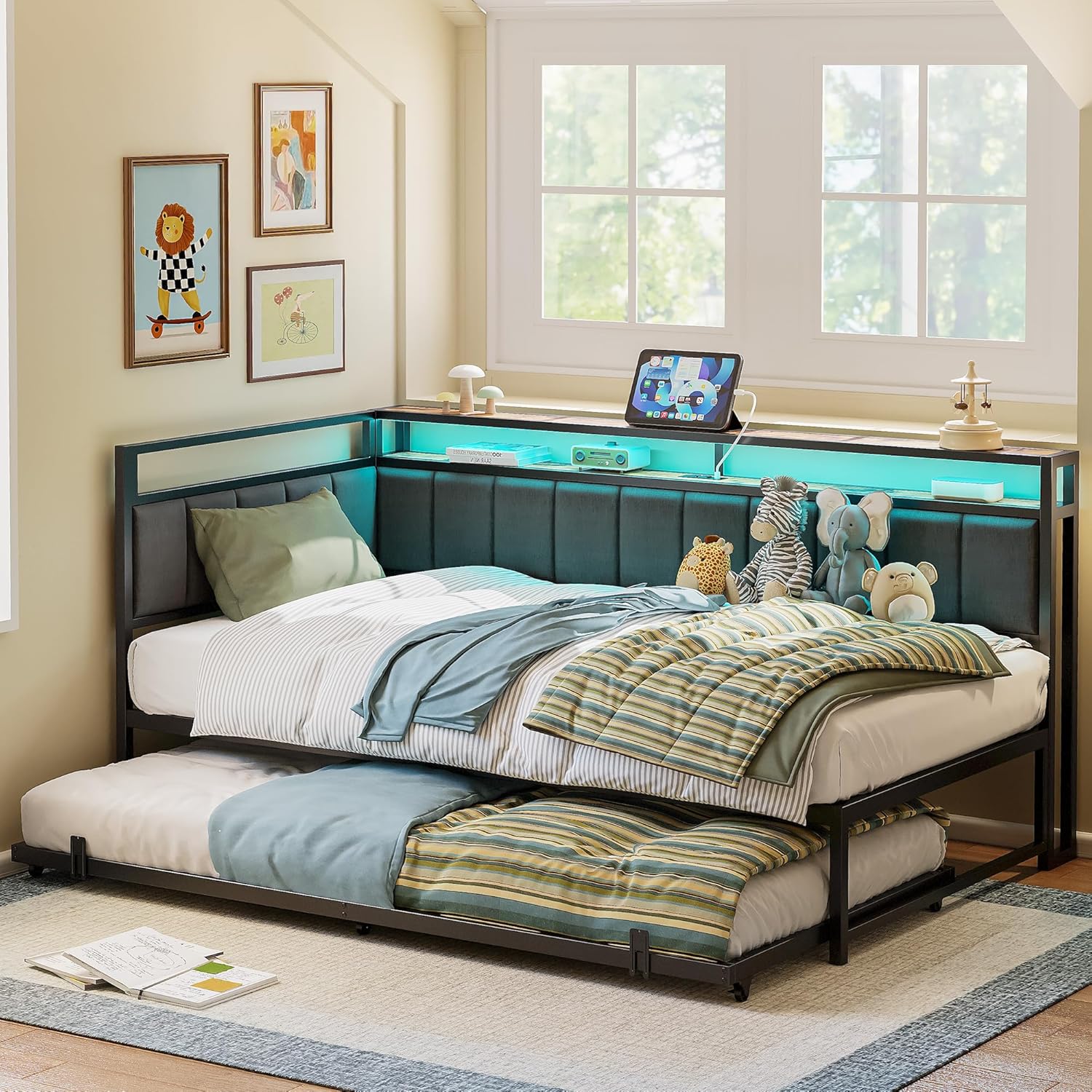 Upholstered Corner Bed with Storage Trundle | LIKIMIO – Likimio