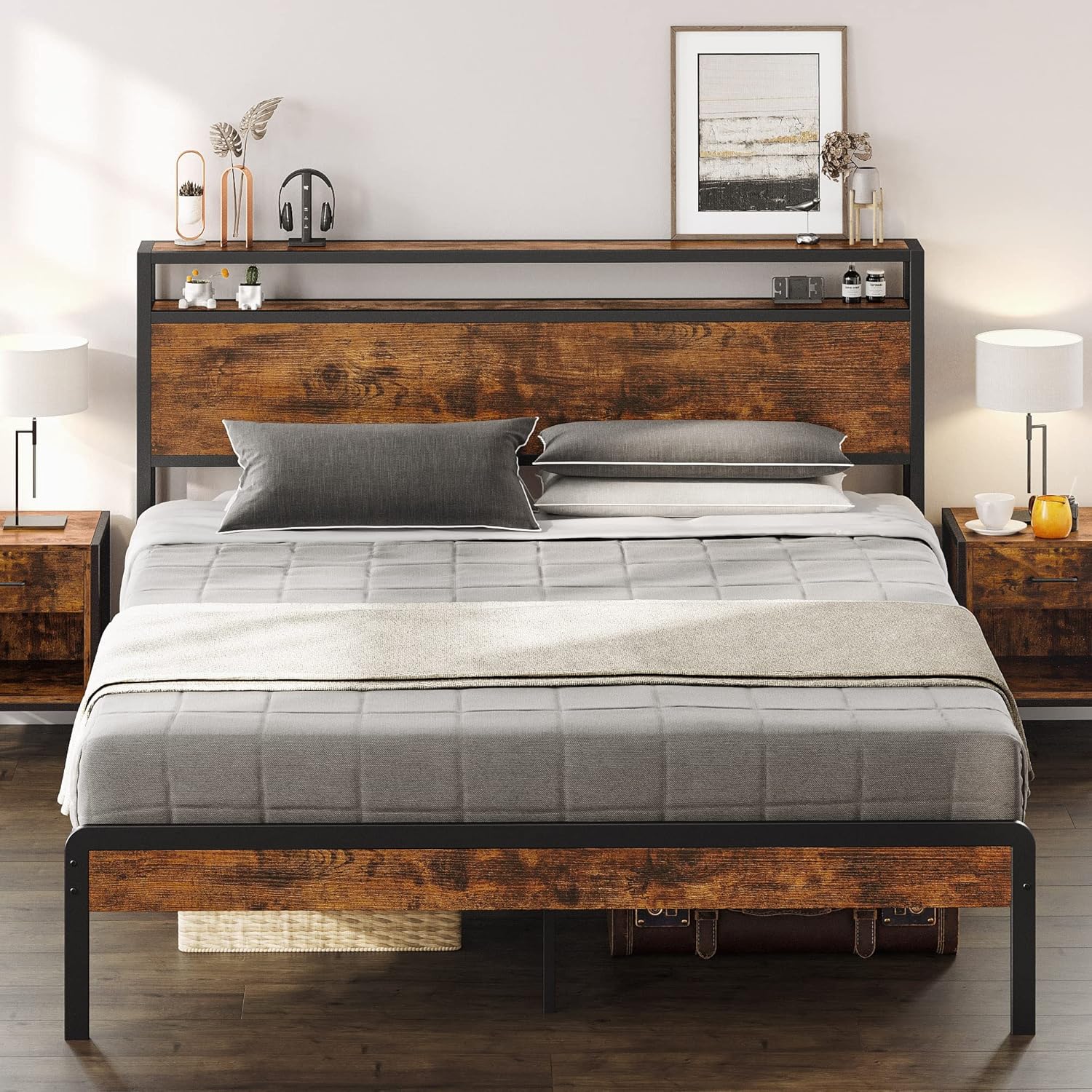 LIKIMIO Double Storage Headboard Vintage Bed Frame