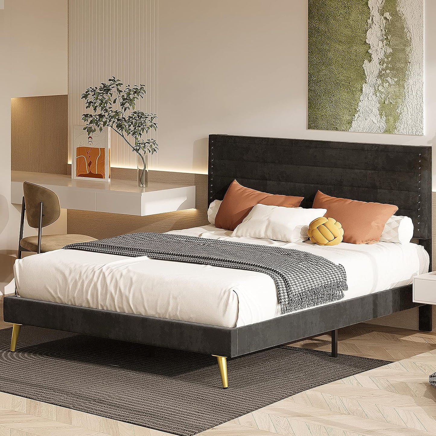 Noise-Free Black Upholstered Platform Bed with Headboard