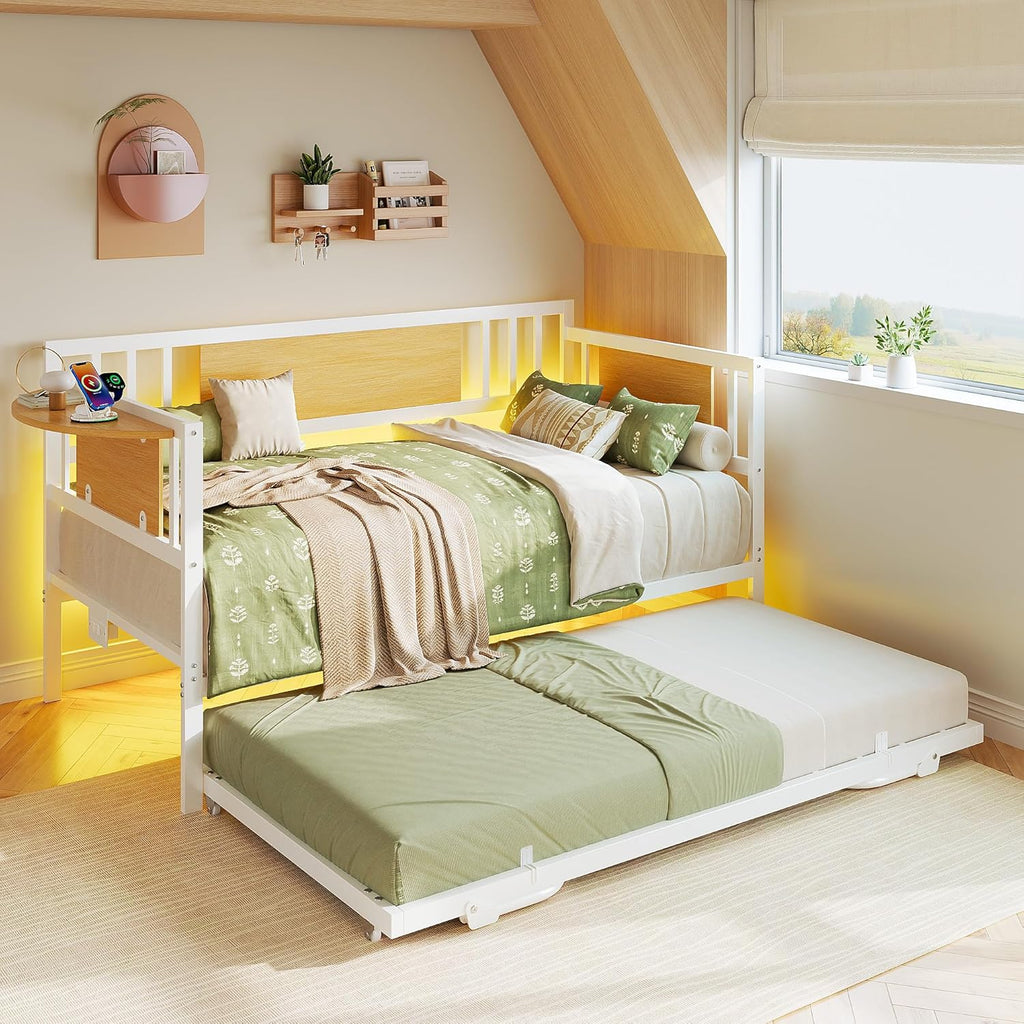 LIKIMIO Daybed with Trundle,  LED Lights and Charging Station,  White
