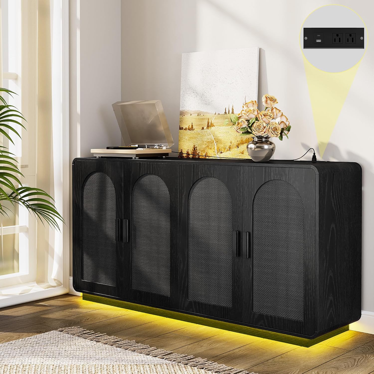 LIKIMIO Rattan Storage Cabinet with with 2 Doors and Adjustable Shelves for Kitchen, Natural