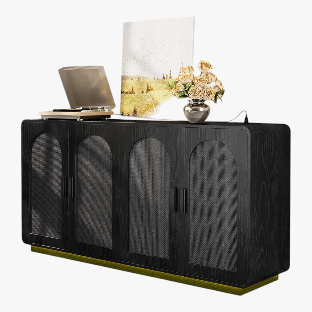 LIKIMIO Rattan Storage Cabinet with LED Lights & Power Outlet, Black