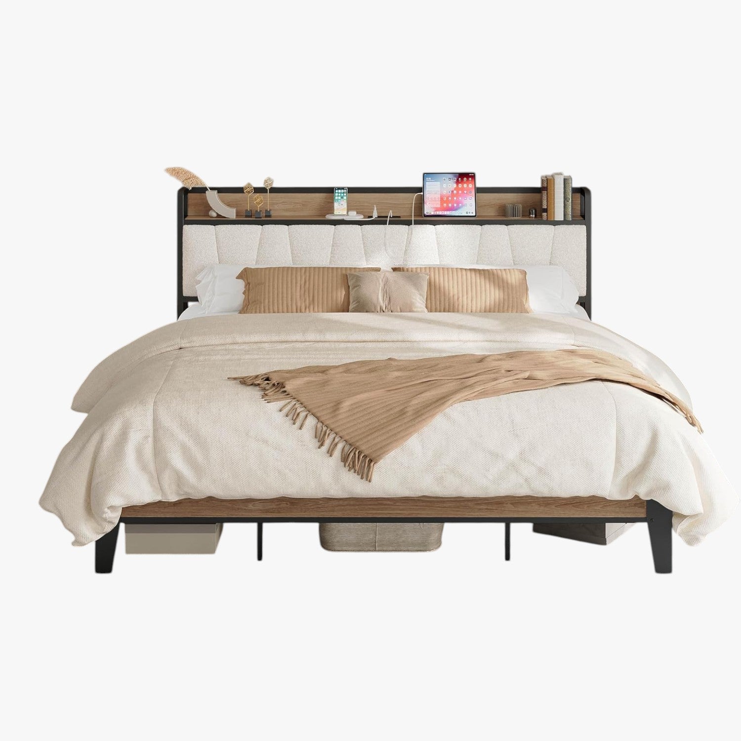LIKIMIO King Bed Frames, with Charging Station, Wood and Cream