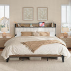 LIKIMIO King Bed Frames, with Charging Station, Wood and Cream
