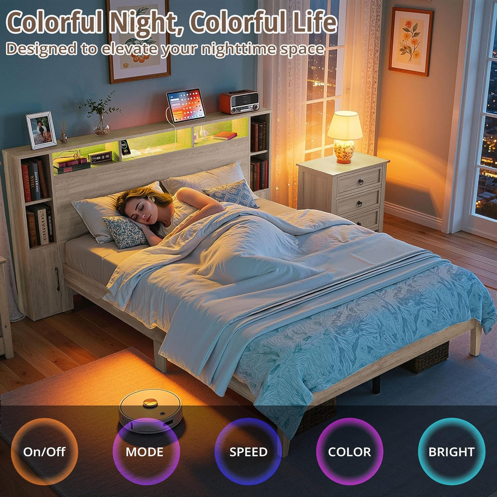 LIKIMIO Queen Size Bed Frame with Storage,  with LED Lights, Light Gray Oak