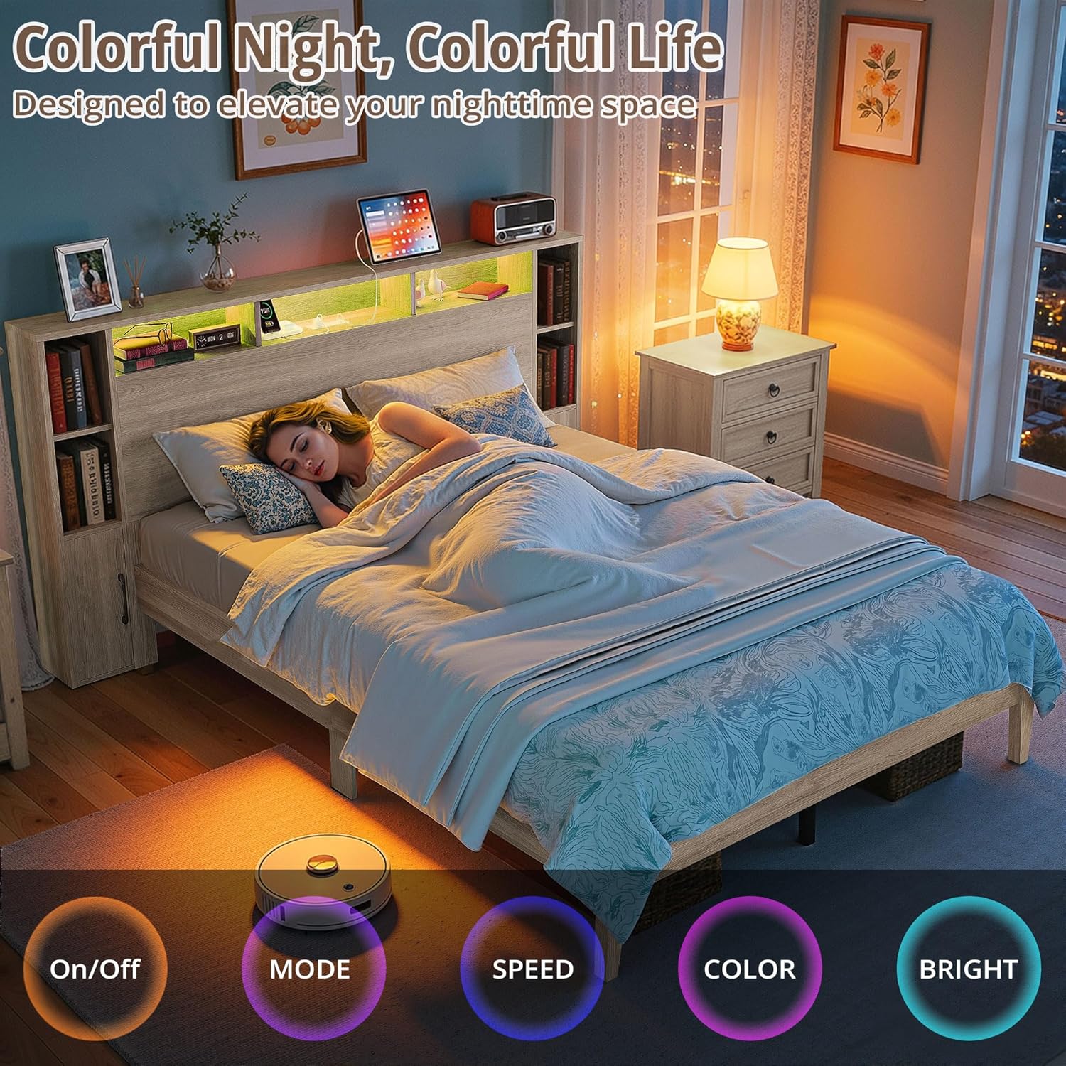 LIKIMIO Queen Size Bed Frame with Storage,  with LED Lights, Light Gray Oak