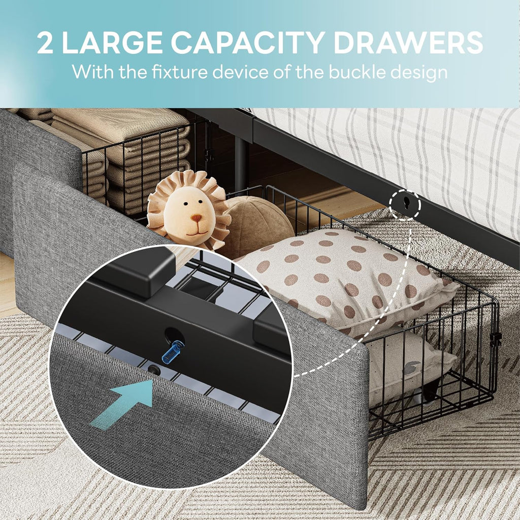 LIKIMIO Twin Bed Frame with Charging Station & LED Lights, Grey