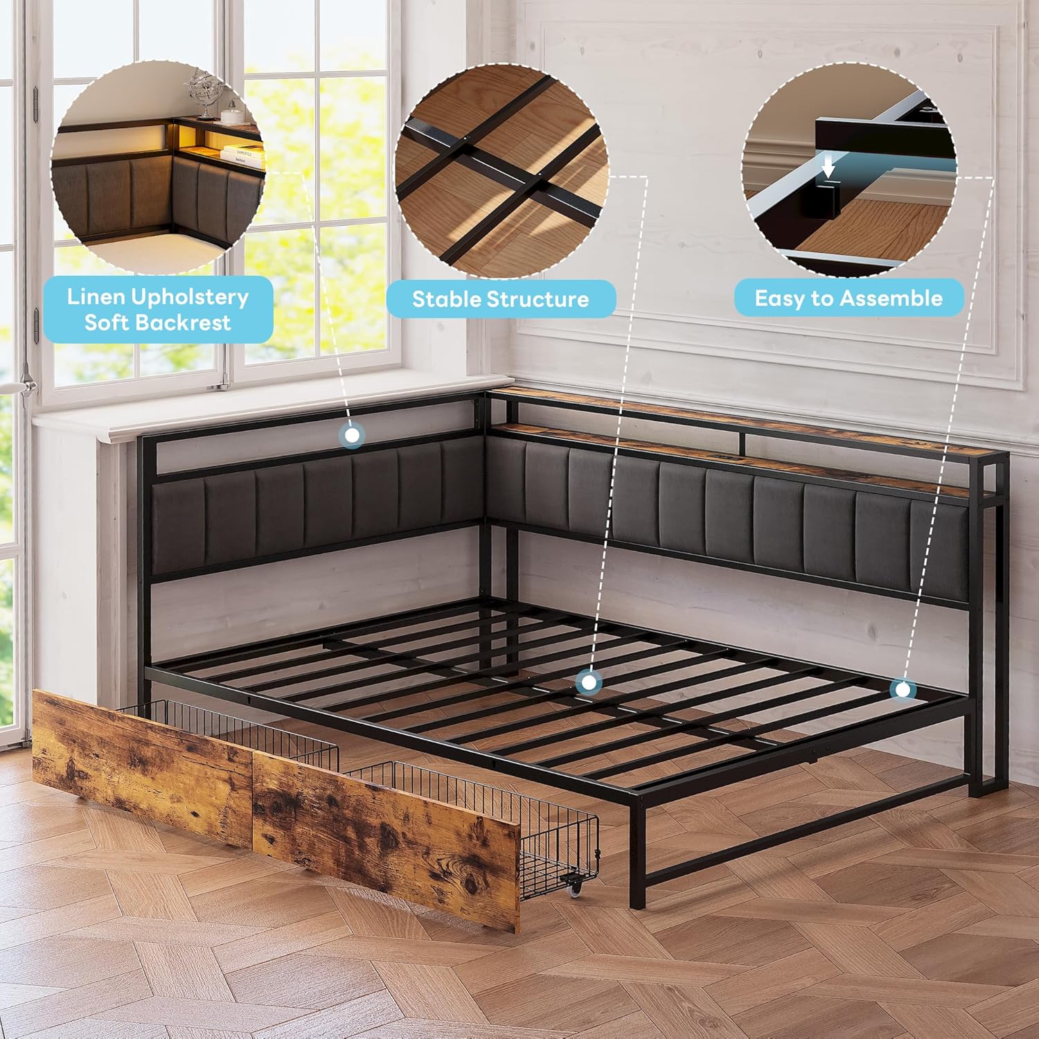 LIKIMIO Fabric Upholstered Fence Corner Bed