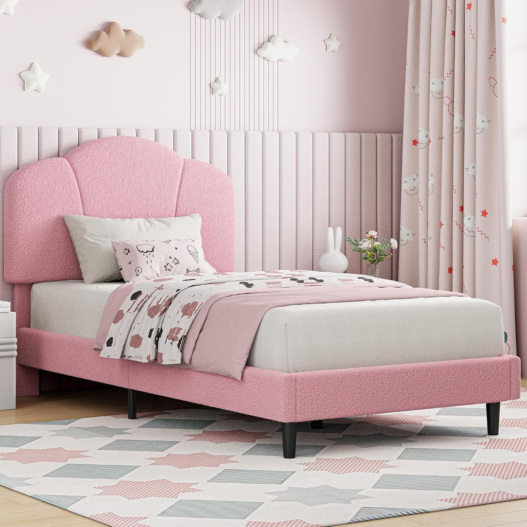 LIKIMIO Upholstered Twin Beds with Lamb Velvet 800LBS Sturdy, Pink