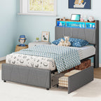 LIKIMIO Twin Bed Frame with Charging Station & LED Lights, Grey