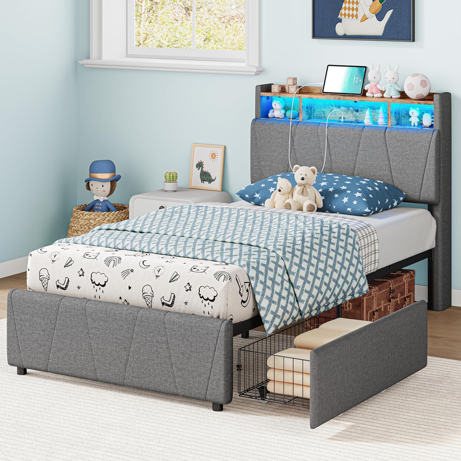 LIKIMIO Twin Bed Frame with Charging Station & LED Lights, Grey