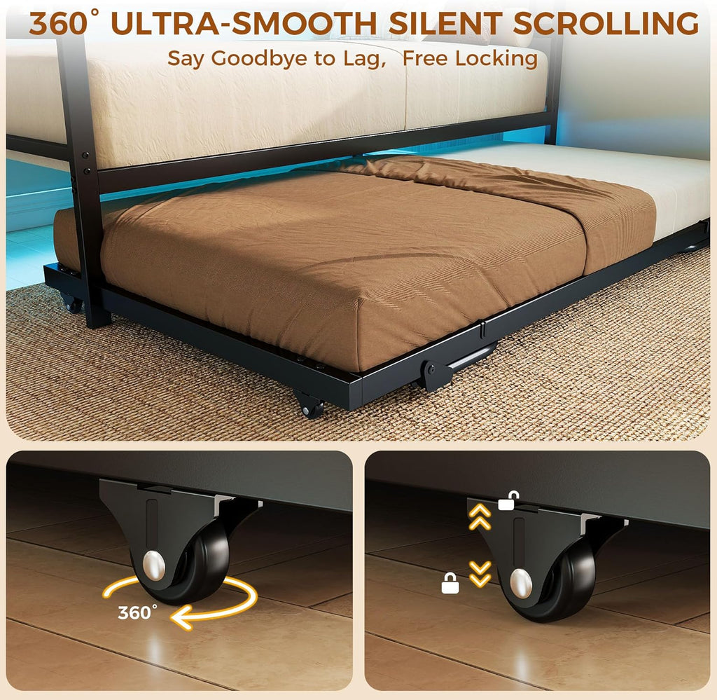 LIKIMIO Daybed with Trundle,  LED Lights and Charging Station, Black