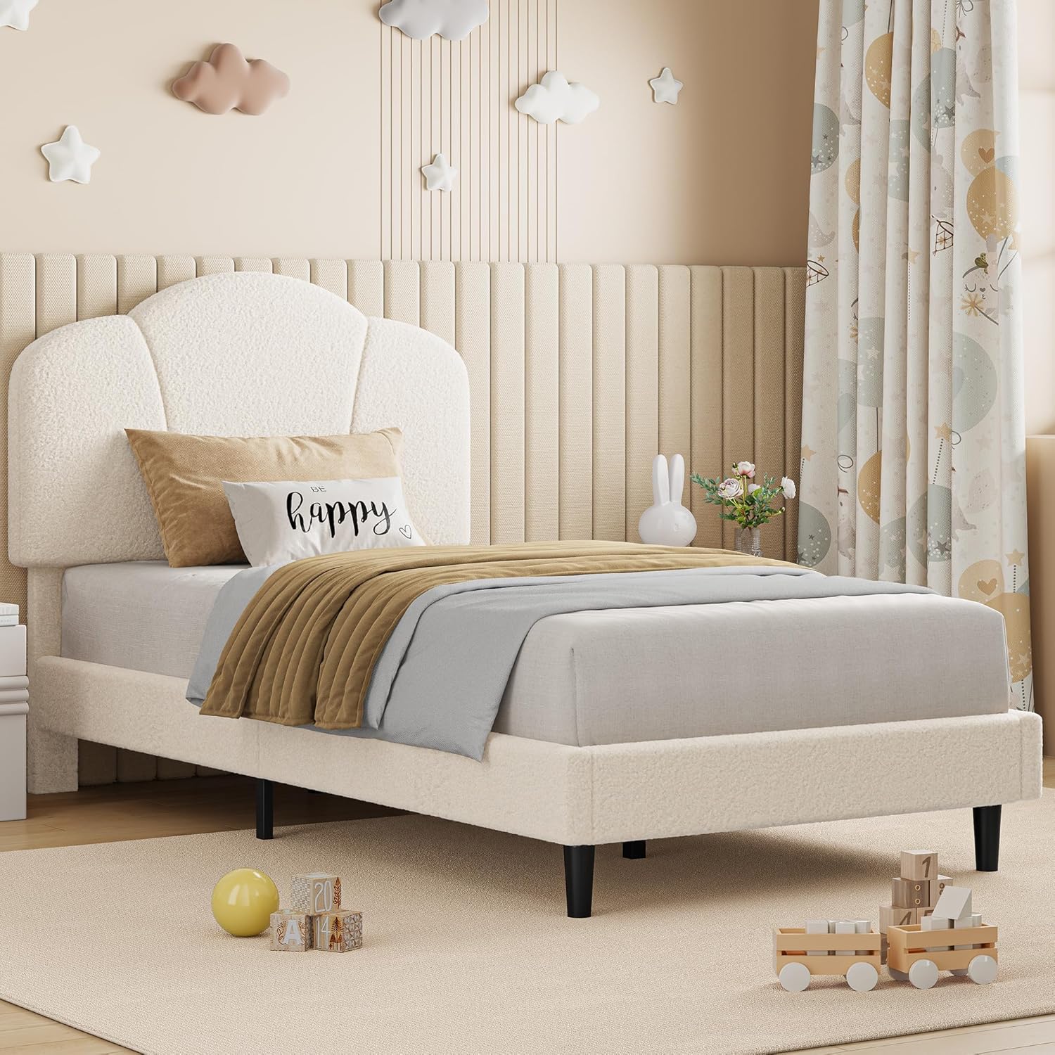 LIKIMIO Upholstered Twin Beds with Lamb Velvet 800LBS Sturdy, white
