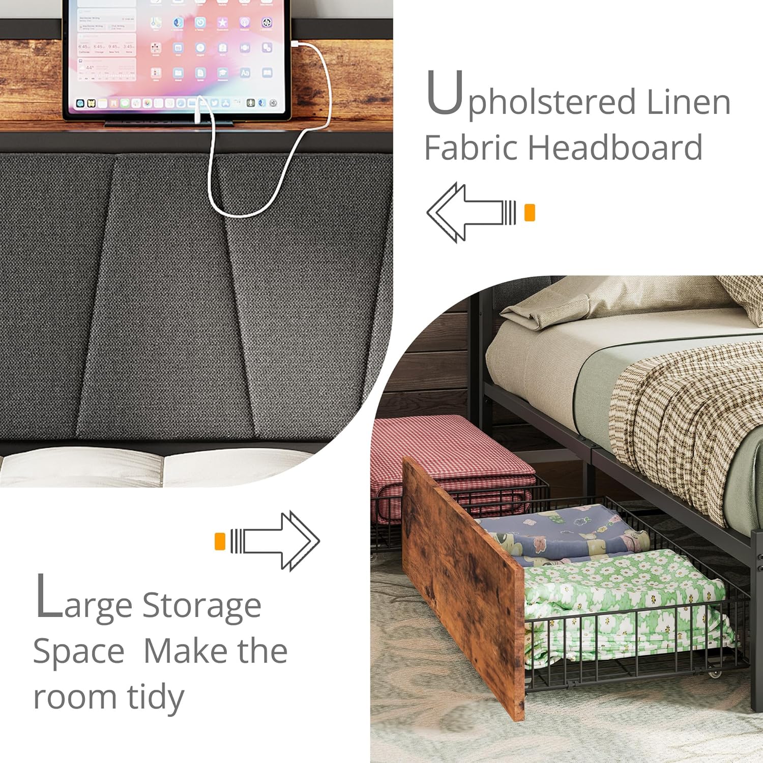 LIKIMIO California King Bed Frame with 4 Storage Drawers, Platform Bed with Charged Headboard