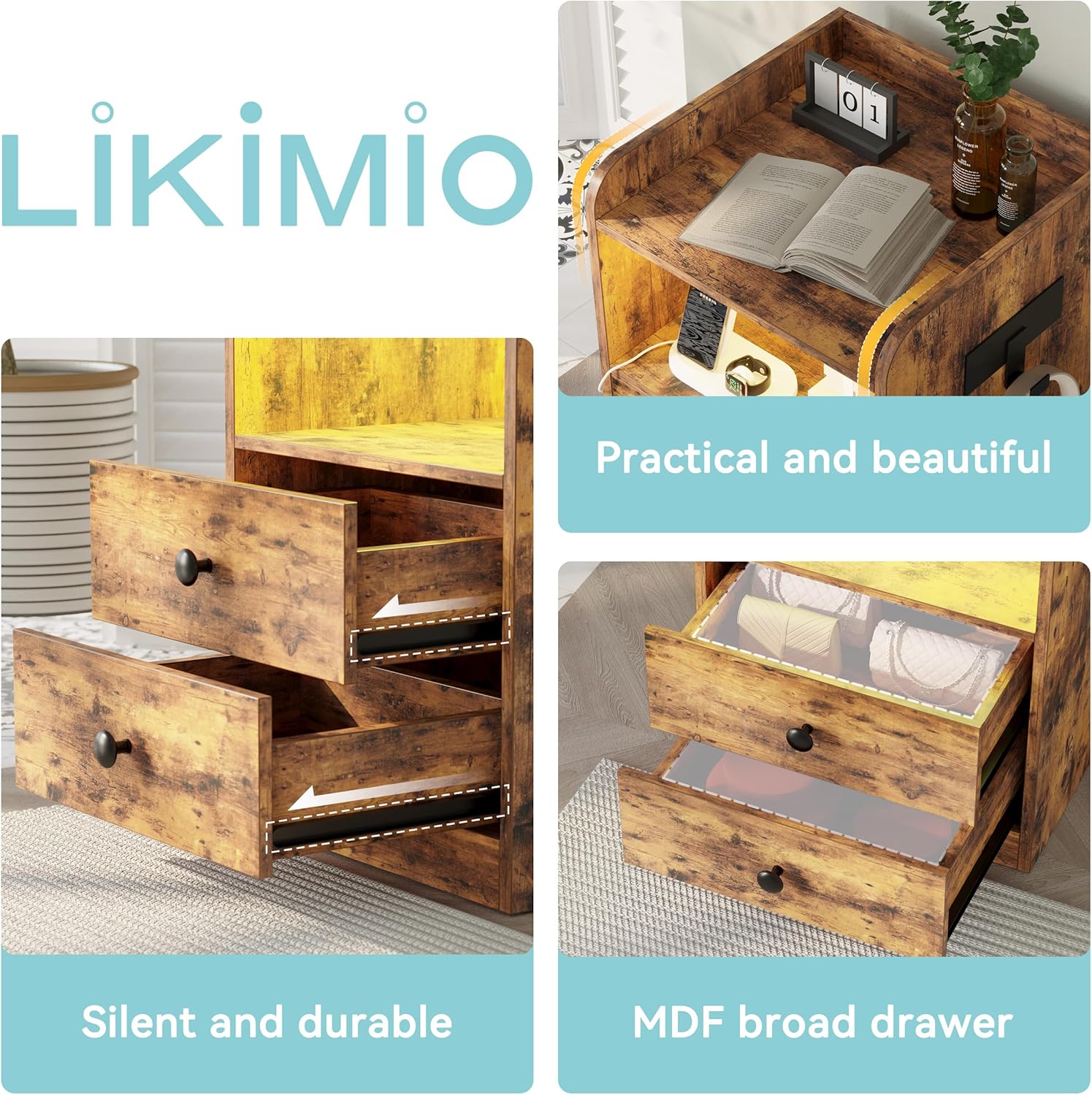 LIKIMIO Open Shelf & 2 Drawers Nightstand