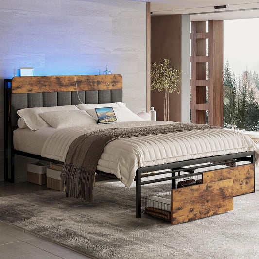 LED Bed Frame with Storage Headboard