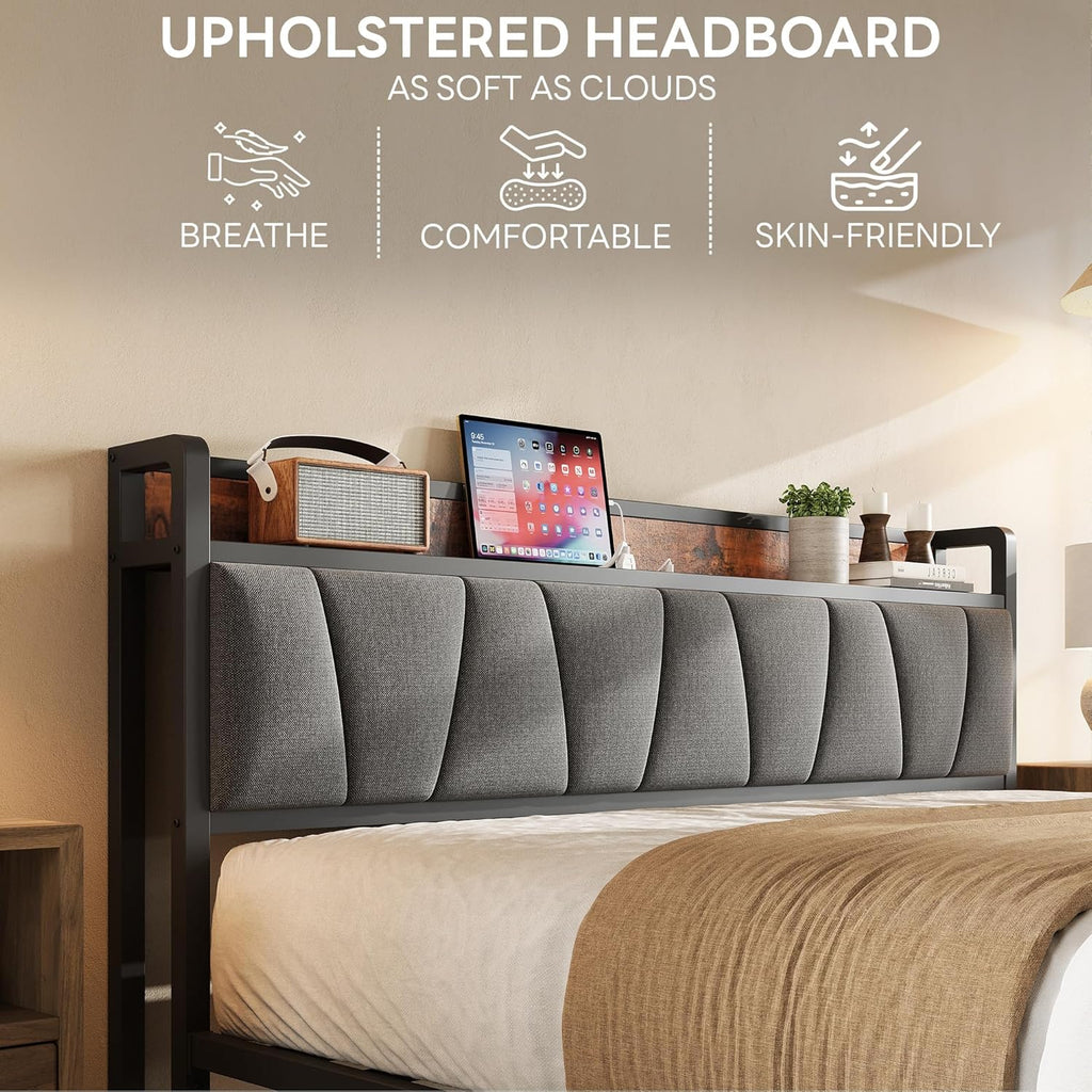 LIKIMIO Full Bed Frame, Storage Headboard with Charging Station