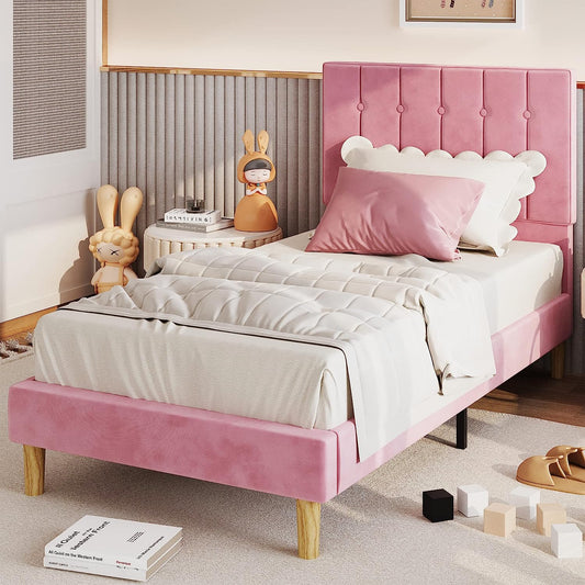 LIKIMIO Velvet Upholstered Platform Twin Beds Pink
