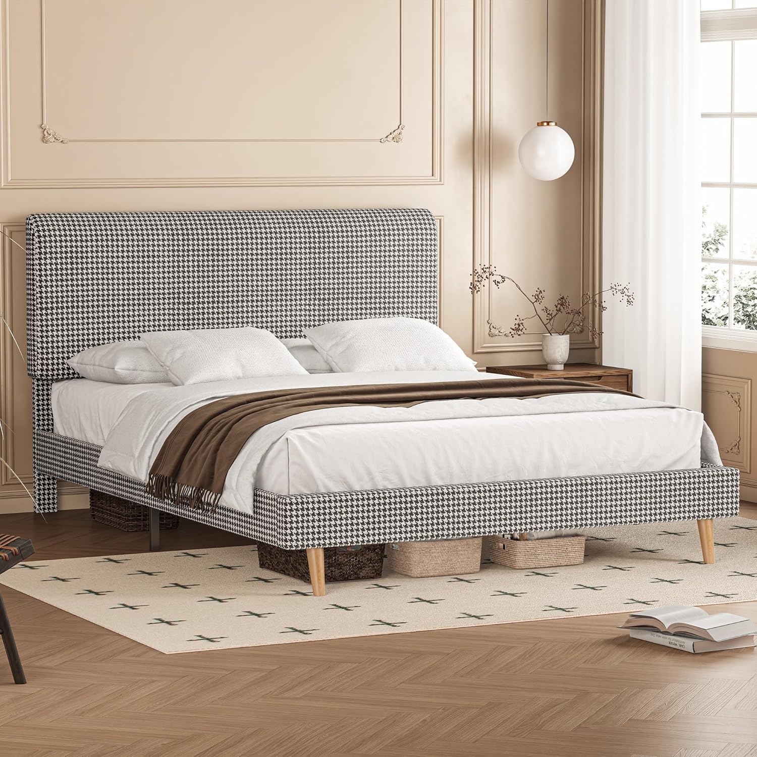LIKIMIO Wooden Checkered Bed Frame & 100% Cotton Soft Mattress