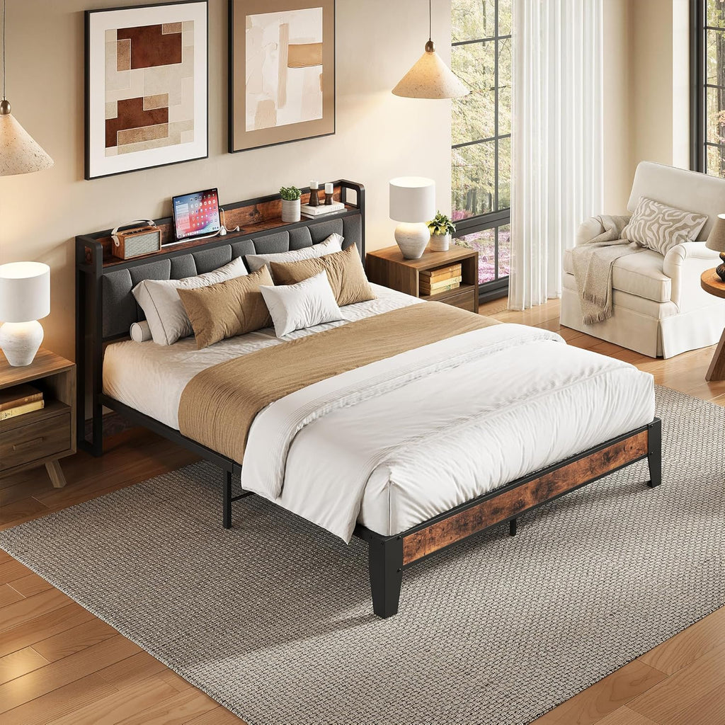 LIKIMIO Full Bed Frame, Storage Headboard with Charging Station