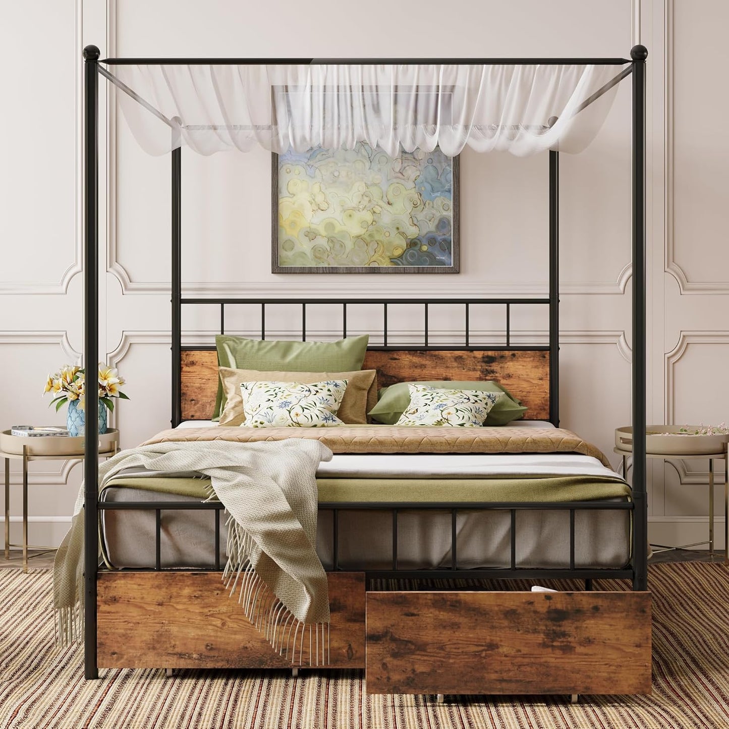 LIKIMIO Canopy Bed Frame with Drawers