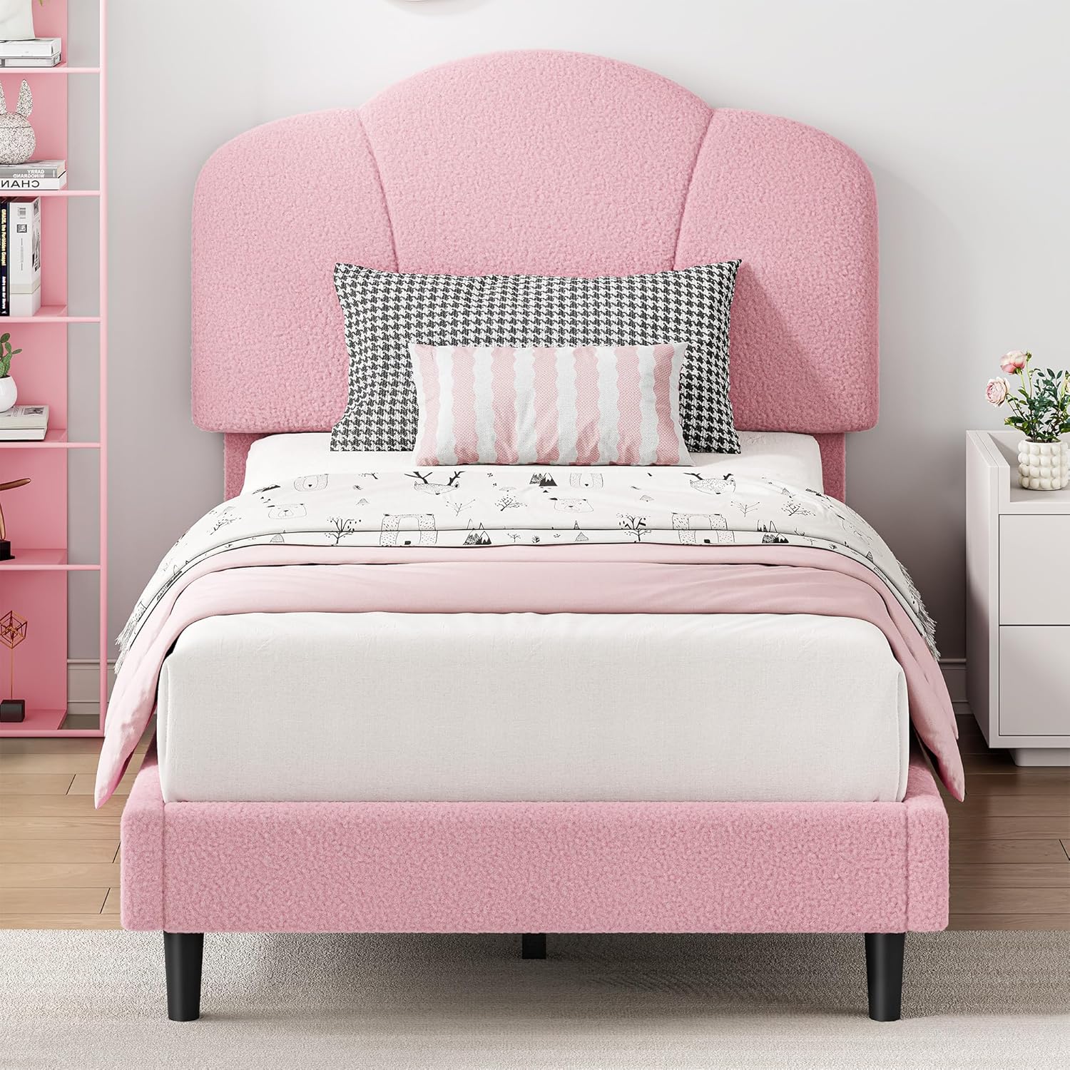 LIKIMIO Upholstered Twin Beds with Lamb Velvet 800LBS Sturdy, Pink