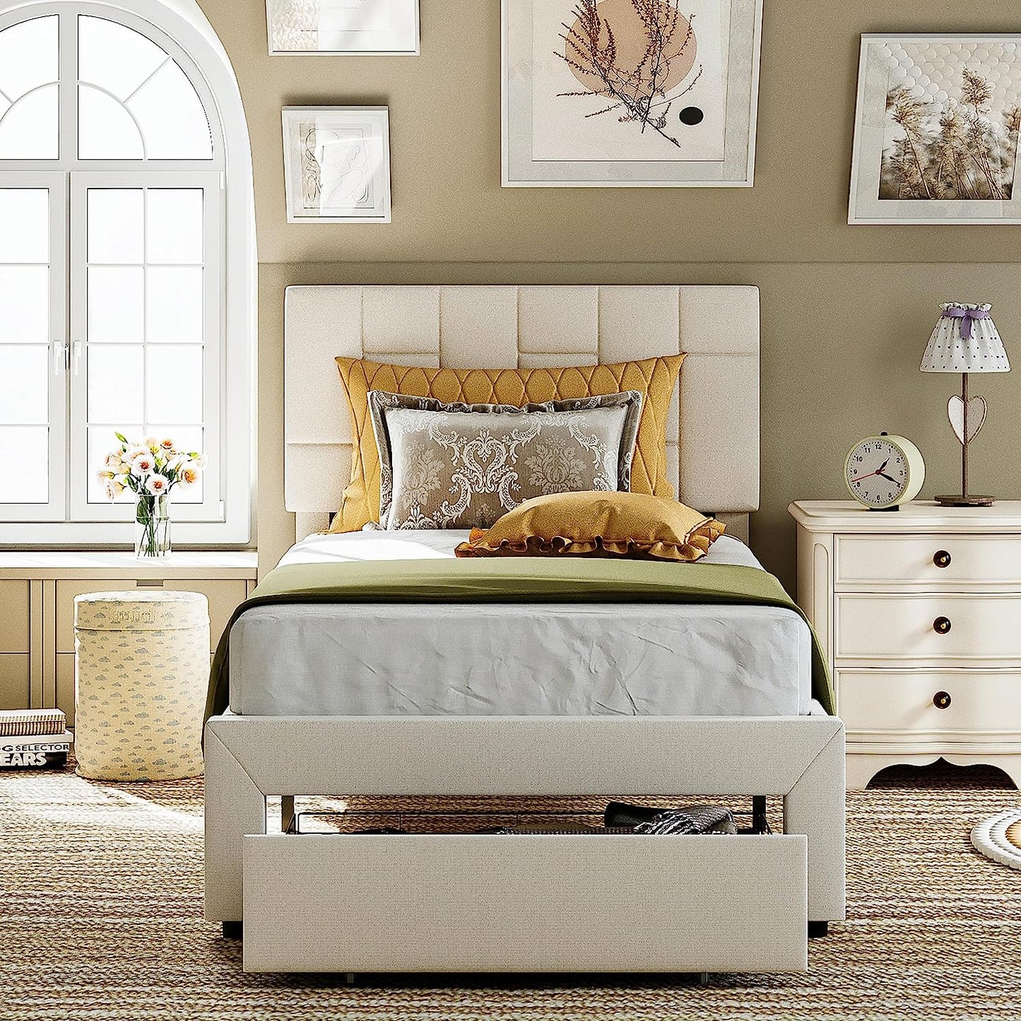Beige Twin Bed Frame with XL Under-Bed Drawer
