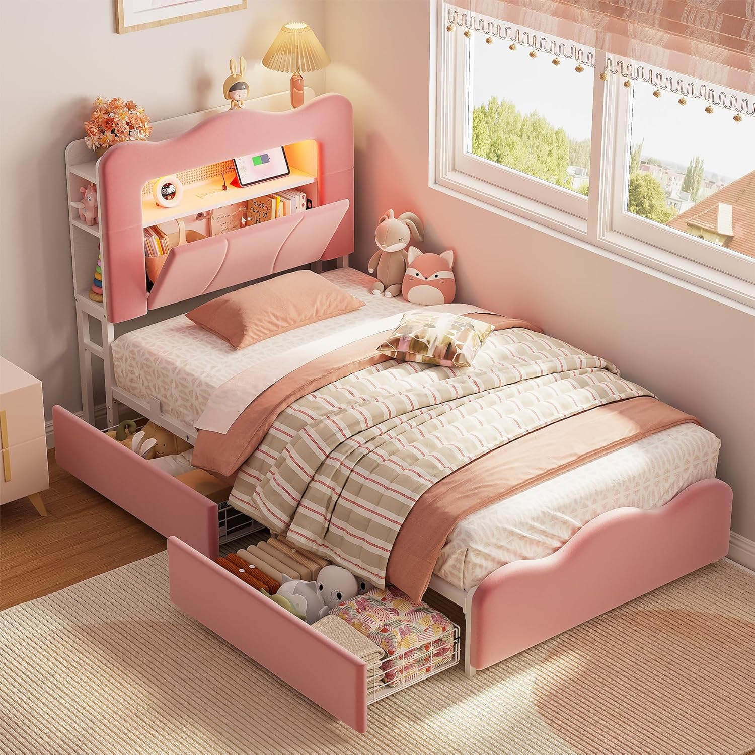 LIKIMIO Velvet Bed Frame (Bookshelf Headboard & Storage & LED)