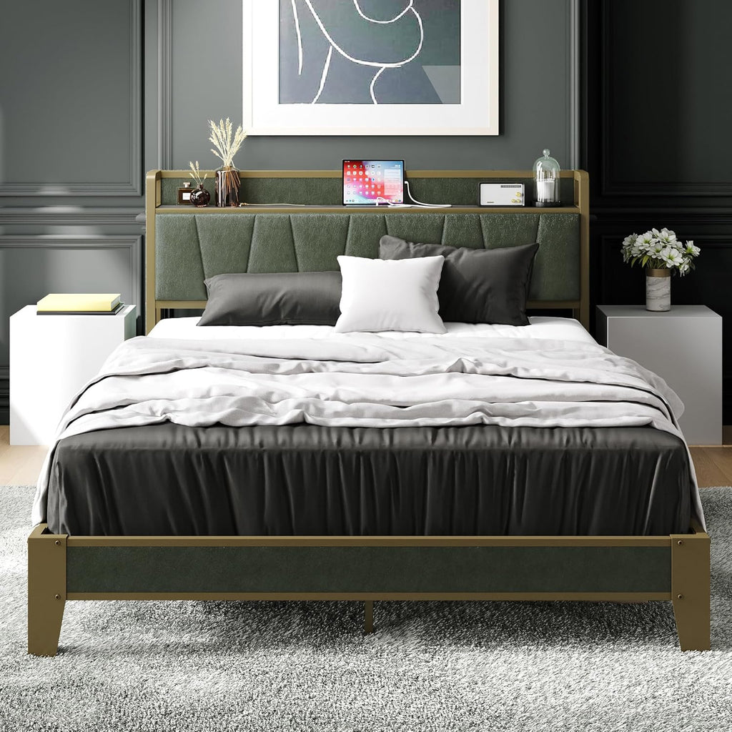 LIKIMIO Full Bed Frame, Storage Headboard with Charging Station