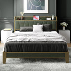 LIKIMIO King Bed Frames, with Charging Station, Wood and Cream