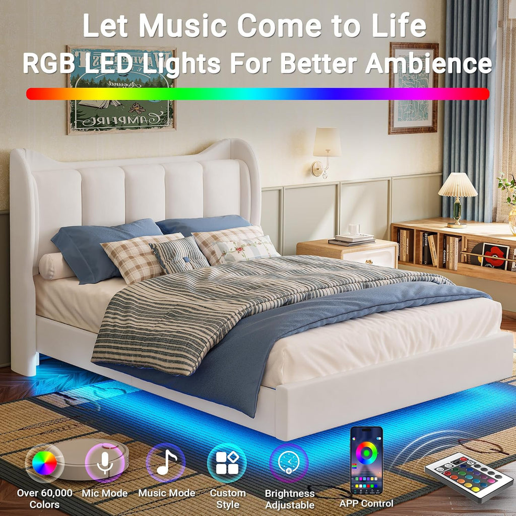 LIKIMIO LED & Velvet Upholstered Platform Bed Frame