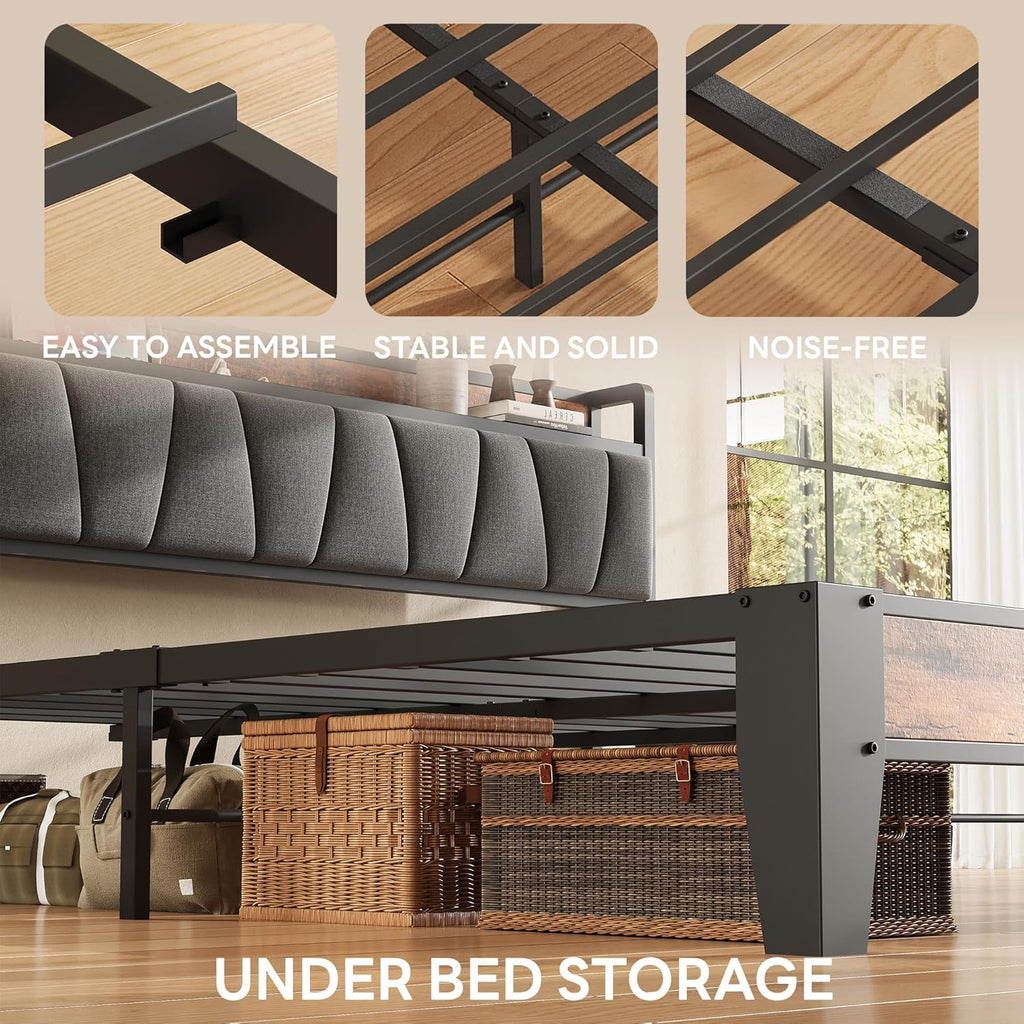 LIKIMIO Full Bed Frame, Storage Headboard with Charging Station