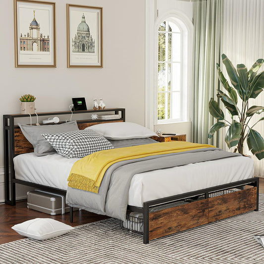 Queen Size Bed Frame with Storage Drawers