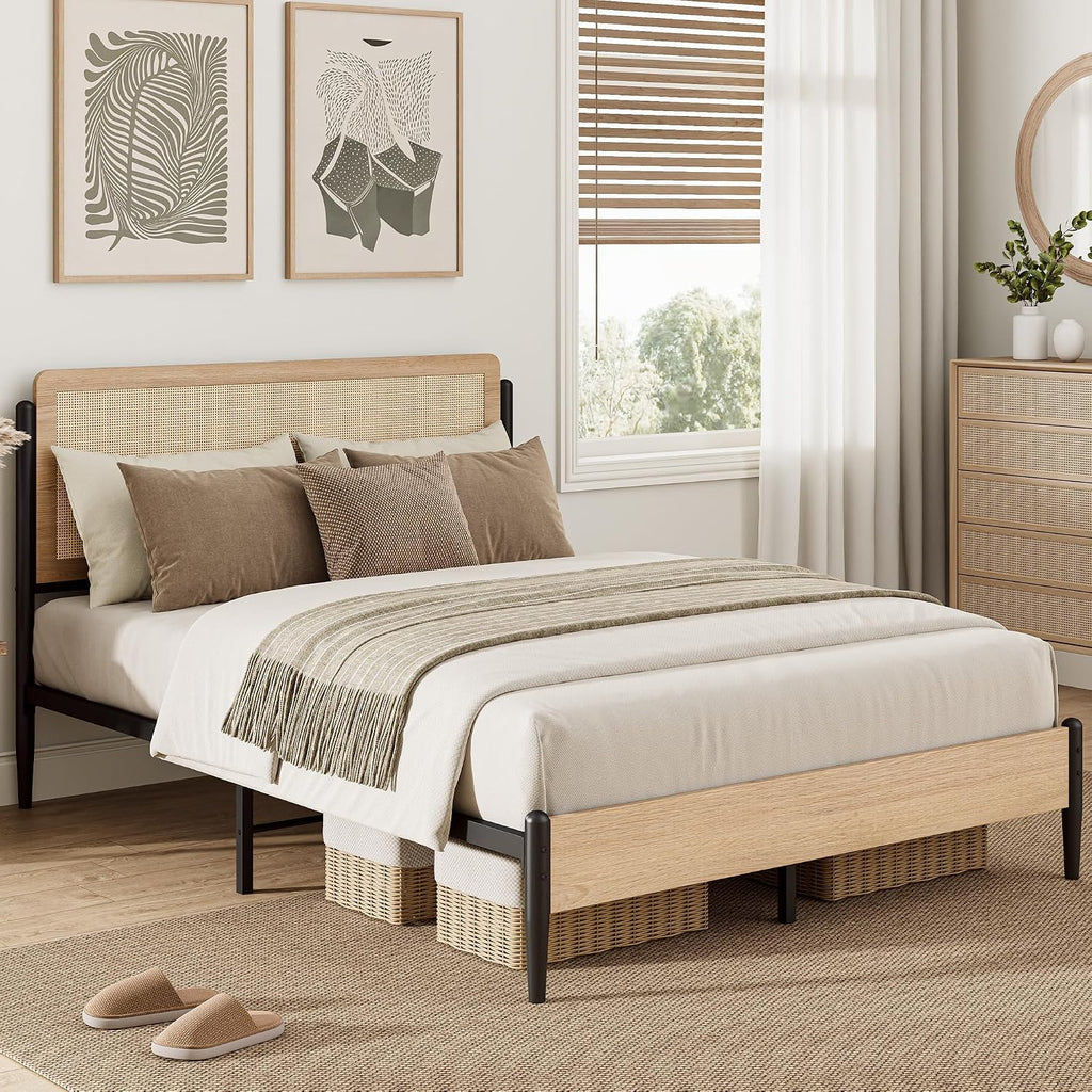 LIKIMIO Natural Rattan Full Size Bed Frame with Wooden Headboard | Boho Metal Platform Bed Frame Full Size with Metal Slats Surpport, Under Bed Storage, No Box Spring Needed, for Bedroom